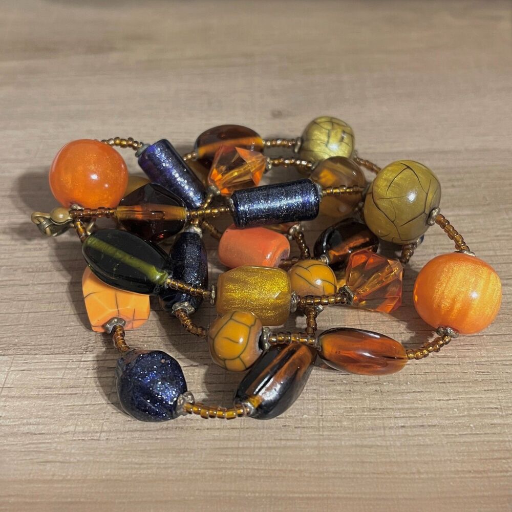 VTG Mixed Media Beaded Necklace Long Layering Boho Chunky Glass Glitter Autumn